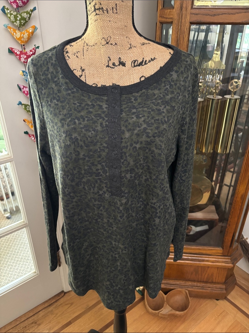 Terra & Sky Olive Green Long-Sleeve Henley with Subtle Animal Print